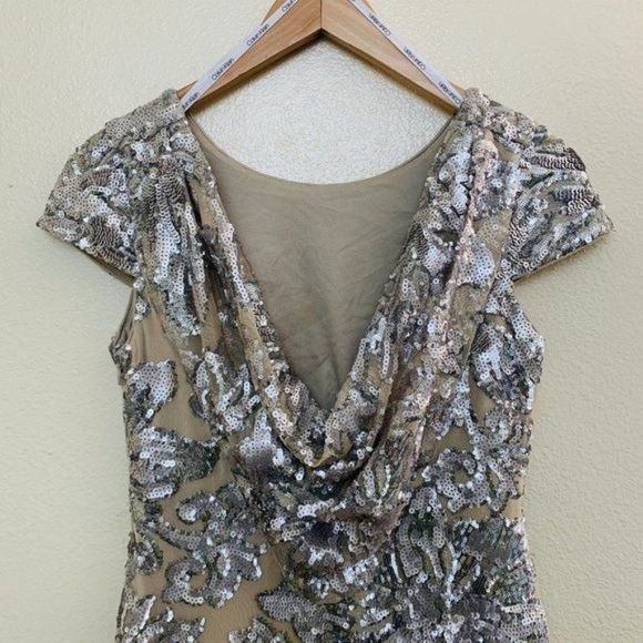 Calvin Klein Womens Sequined Cowl Back Cocktail Dress CD9BGP9X Size 4 Gray Beige - Picture 6 of 12